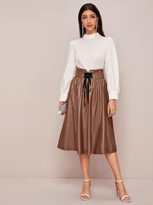 SHEIN Unity Lace-up Detail Notch Wide Waistband PU Skirt - Brown - View 3