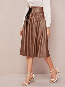 SHEIN Unity Lace-up Detail Notch Wide Waistband PU Skirt - Brown - View 4