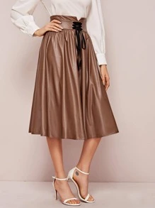 SHEIN Unity Lace-up Detail Notch Wide Waistband PU Skirt - Brown - View 5