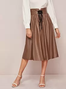 SHEIN Unity Lace-up Detail Notch Wide Waistband PU Skirt - Brown - View 1