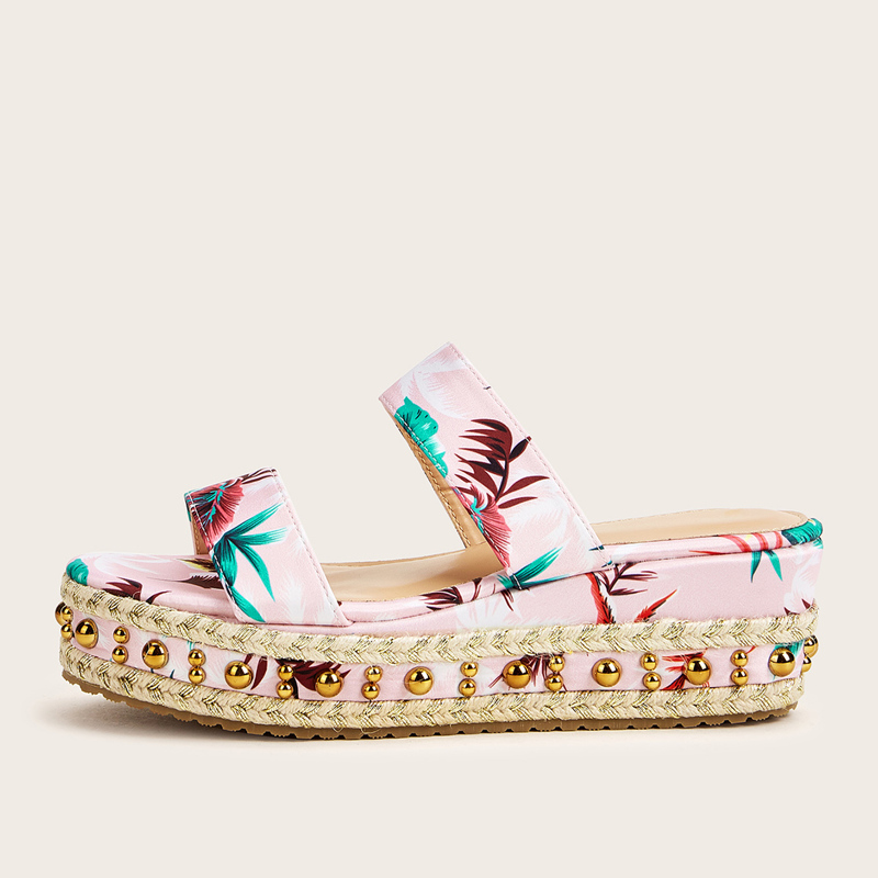 

Double Strap Studded Decor Wedge Mules, Pink