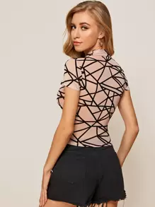 SHEIN Essnce Mock-neck Geo Mesh Slim Top - Pink - View 2