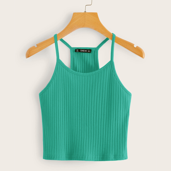 

Solid Rib-knit Halter Top, Green