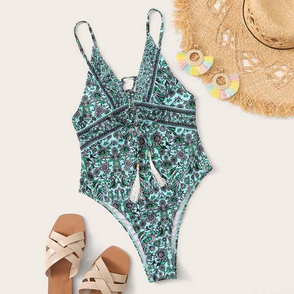 

Floral Lace-up Front One Piece Swimsuit, Green