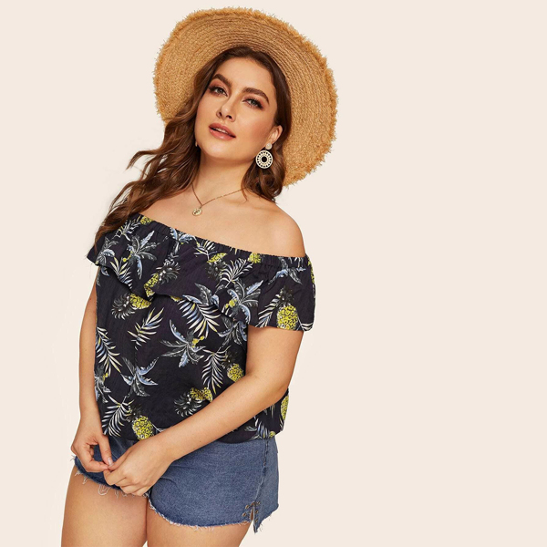 

Plus Tropical Print Ruffle Trim Bardot Blouse, Navy blue