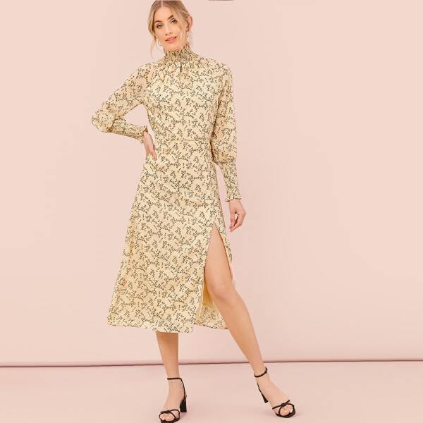 

Ditsy Floral Print Shirred Panel High Split Dress, Multicolor