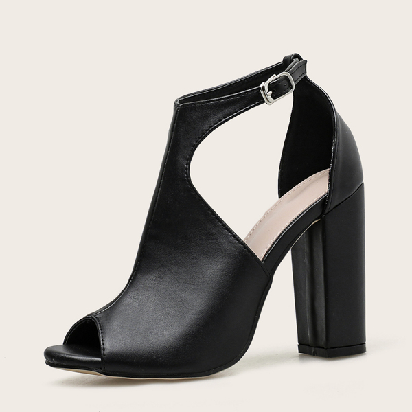 

Peep Toe Cut-out Chunky Heels, Black