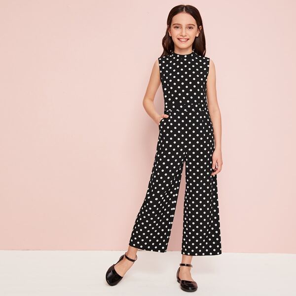 

Girls Slant Pocket Polka Dot Palazzo Jumpsuit, Black and white