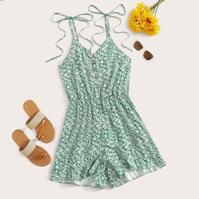 

Ditsy Floral Button Cami Romper, Green