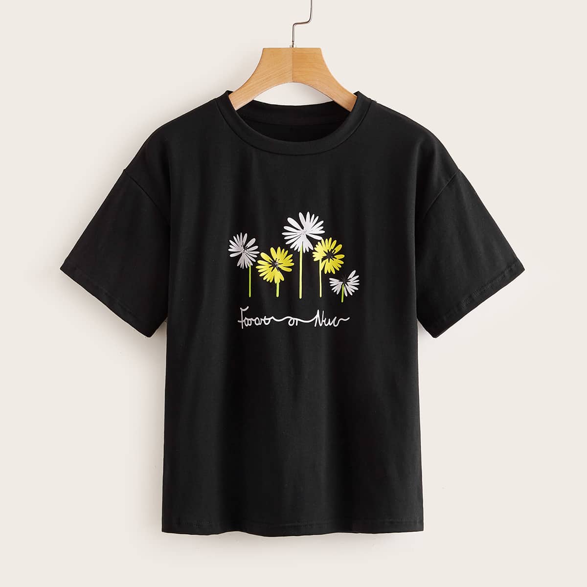 

Floral Print Black Tee