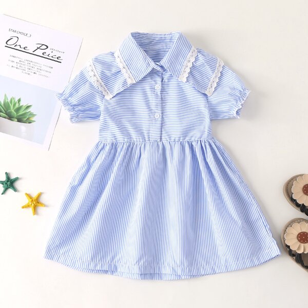 

Toddler Girls Half Button Lace Insert Striped Shirt Dress, Blue