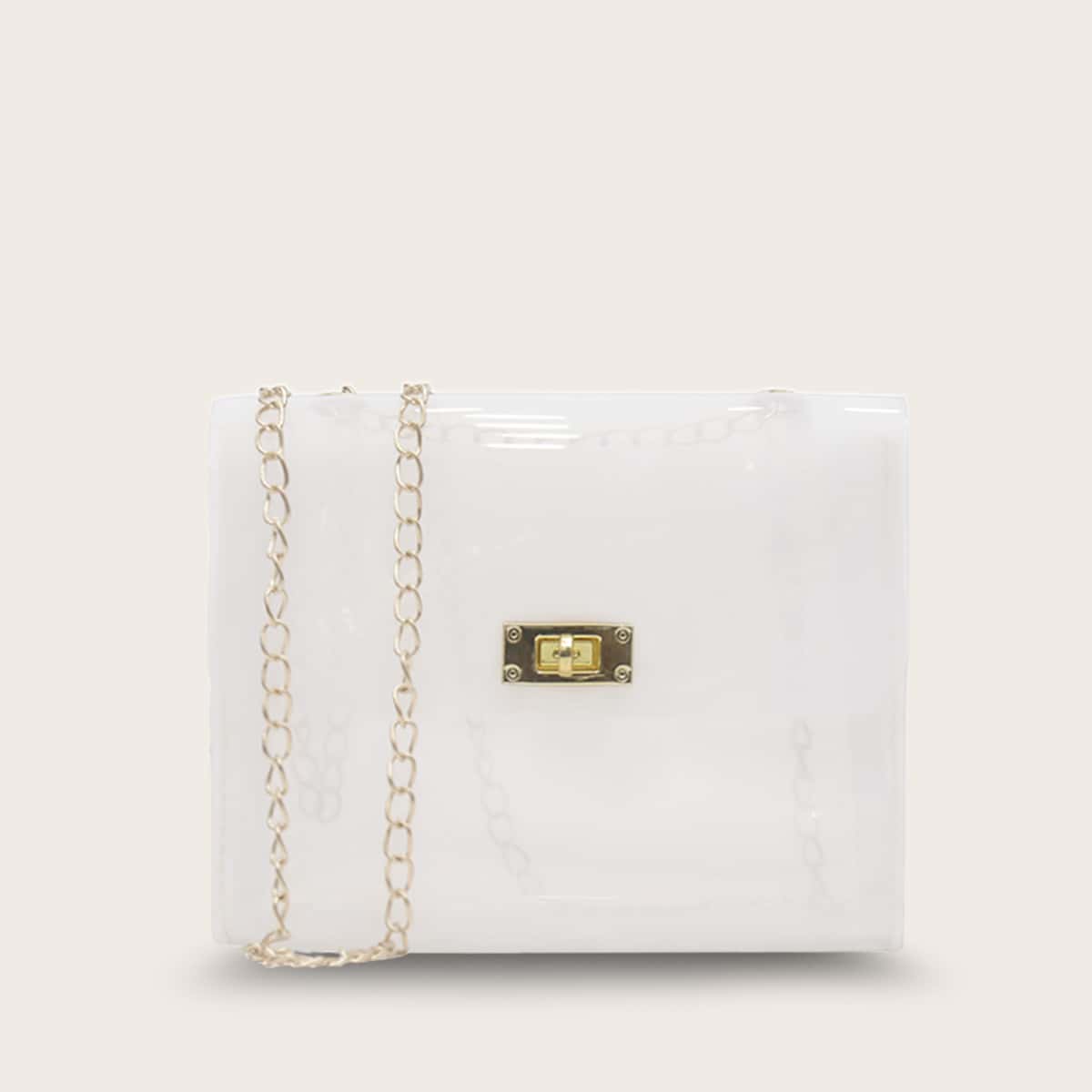 

Twist Lock Clear Flap Chain Bag, White