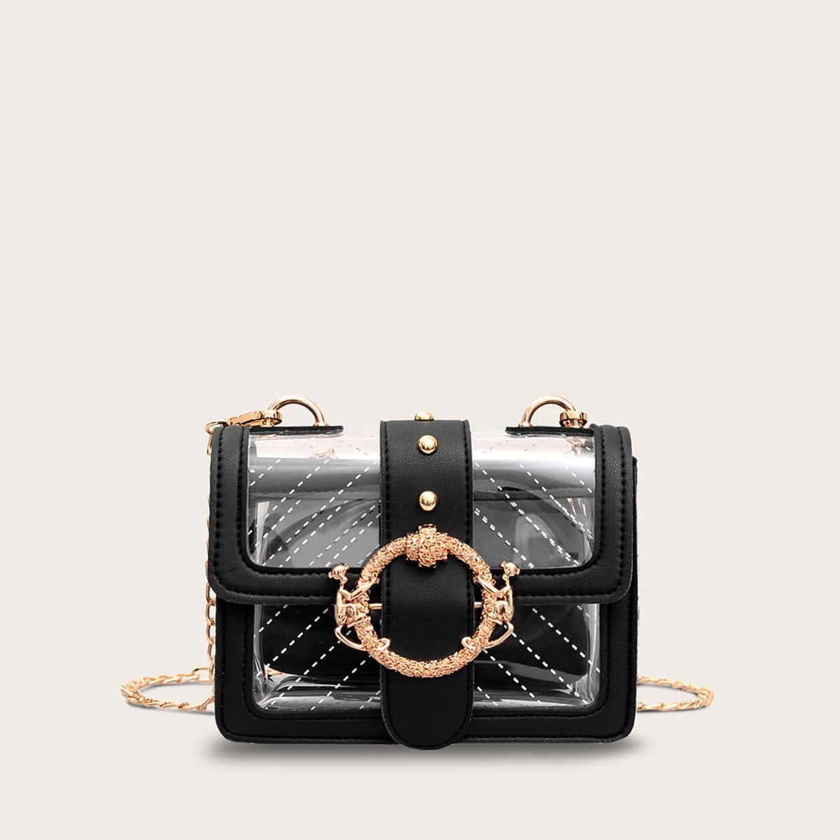 

Textured Circle Decor Clear Chain Bag With Inner Pouch, Black