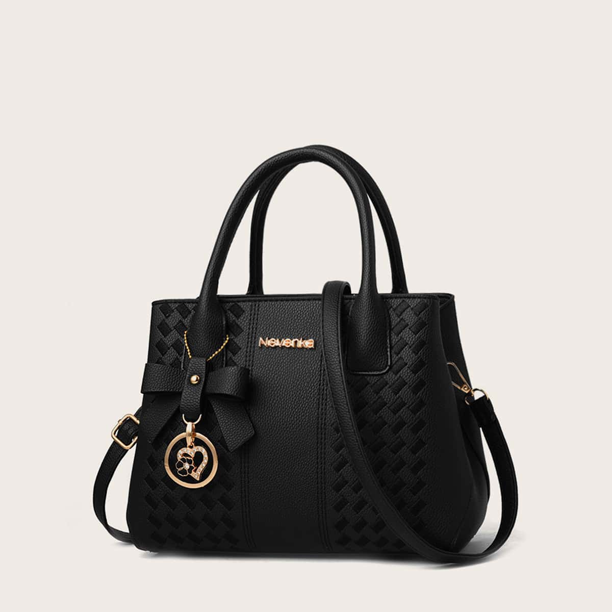 

Bow & Metal Heart Charm Satchel Bag, Black