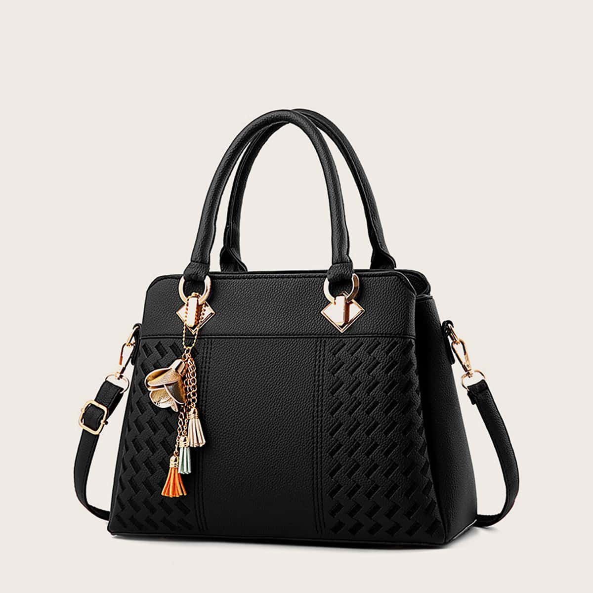 

Tassel & Flower Charm Tote Bag, Black