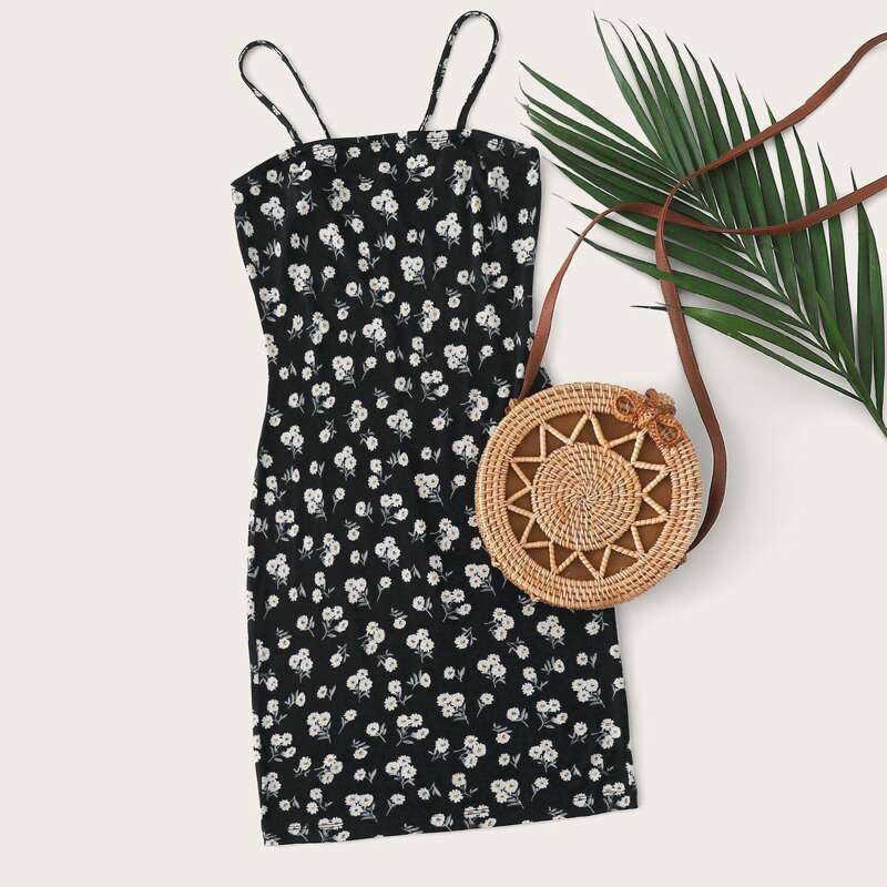 

Floral Print Cami Dress, Black and white