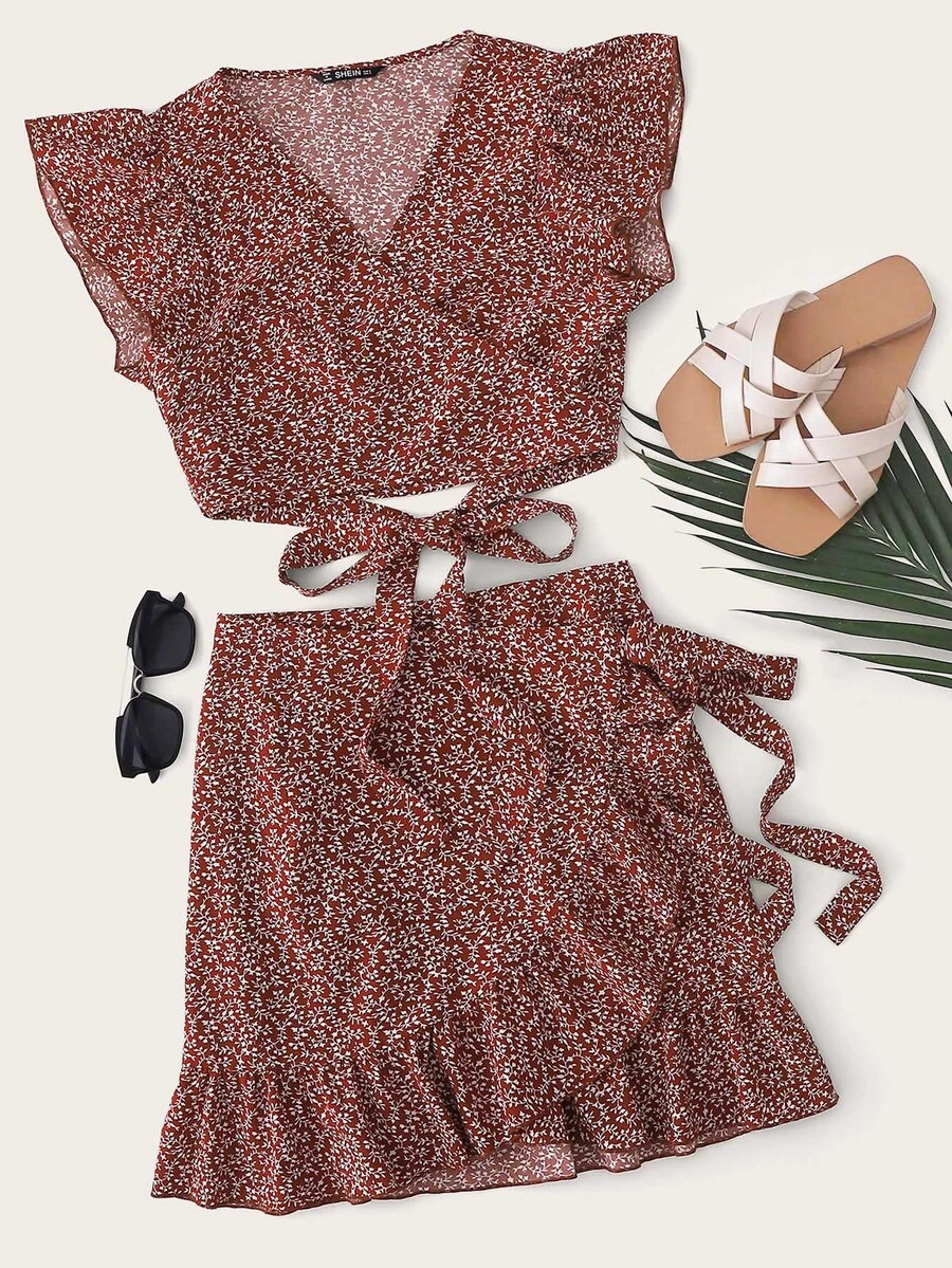 SHEIN 荷葉邊後繫帶小碎花花卉上衣和圍裹半身裙套裝 - 酒紅色 - 查看 1
