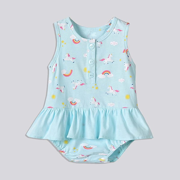 

Baby Girl Half Button Ruffle Unicorn Print Bodysuit, Blue