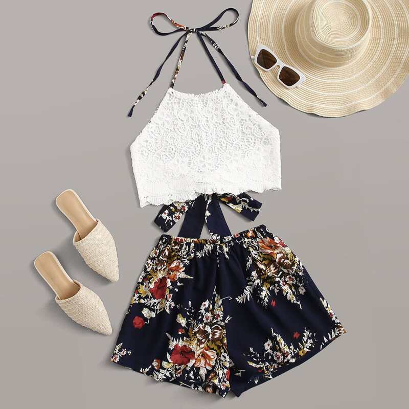 

Crochet Tie Back Cami Top With Floral Shorts, Multicolor