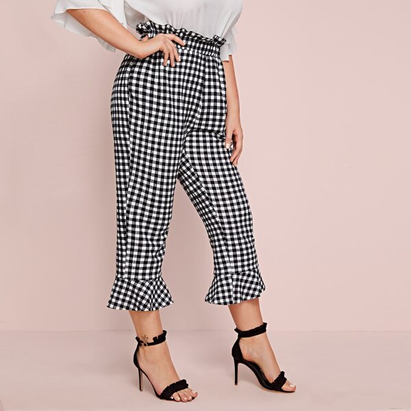 

Plus Paperbag Waist Flounce Hem Buffalo Plaid Pants, Black and white
