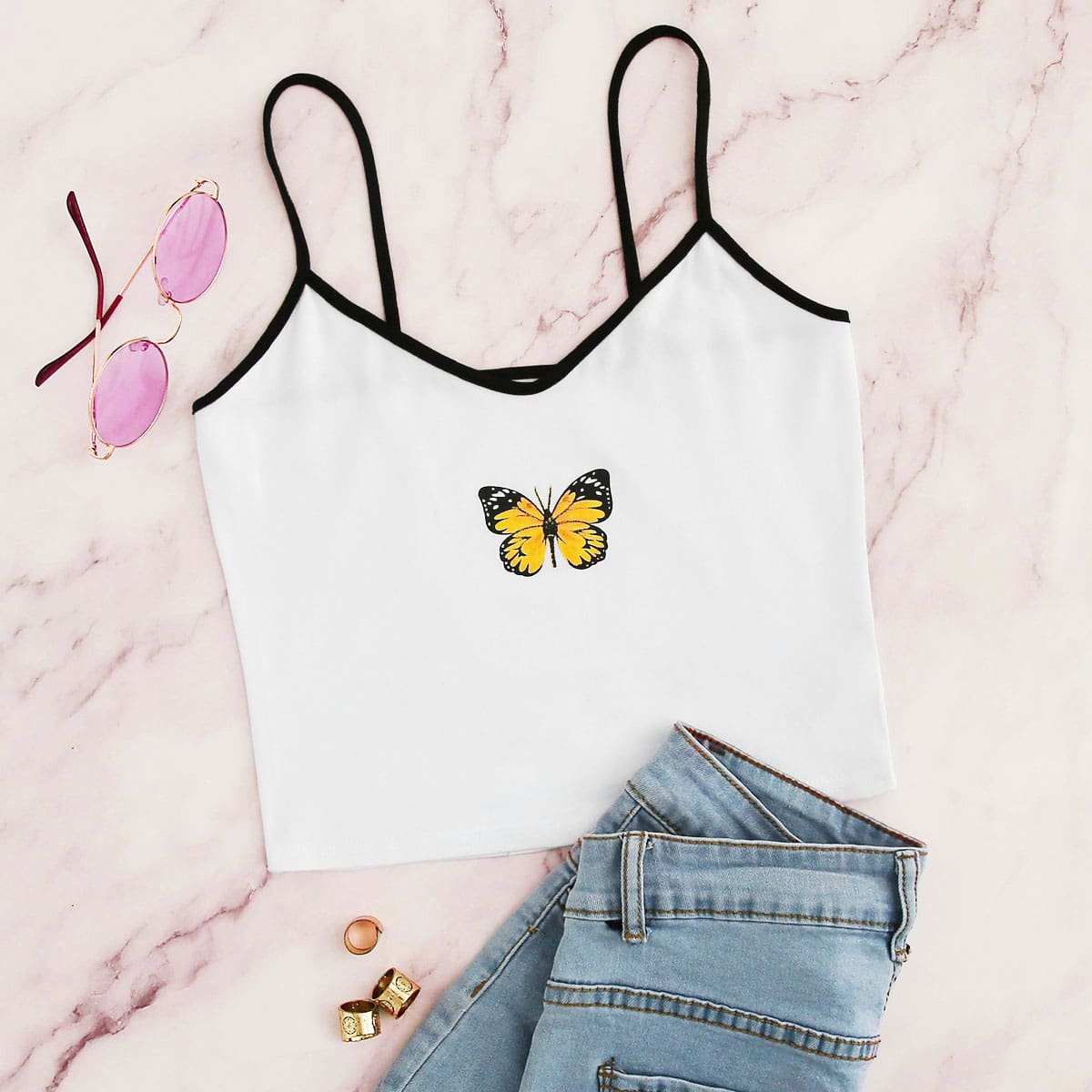 

Butterfly Graphic Cropped Cami Top, White