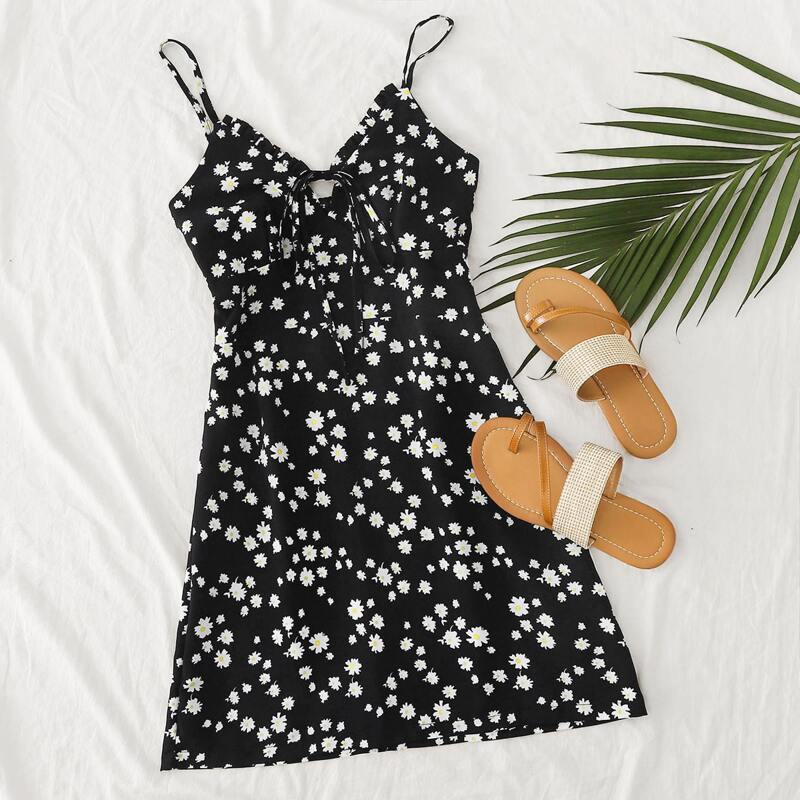 

Tie Front Ditsy Floral Cami Dress, Black and white