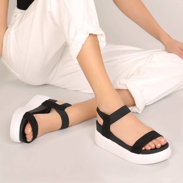 

Open Toe Elastic Stretch Chunky Sole Sandals, Black and white