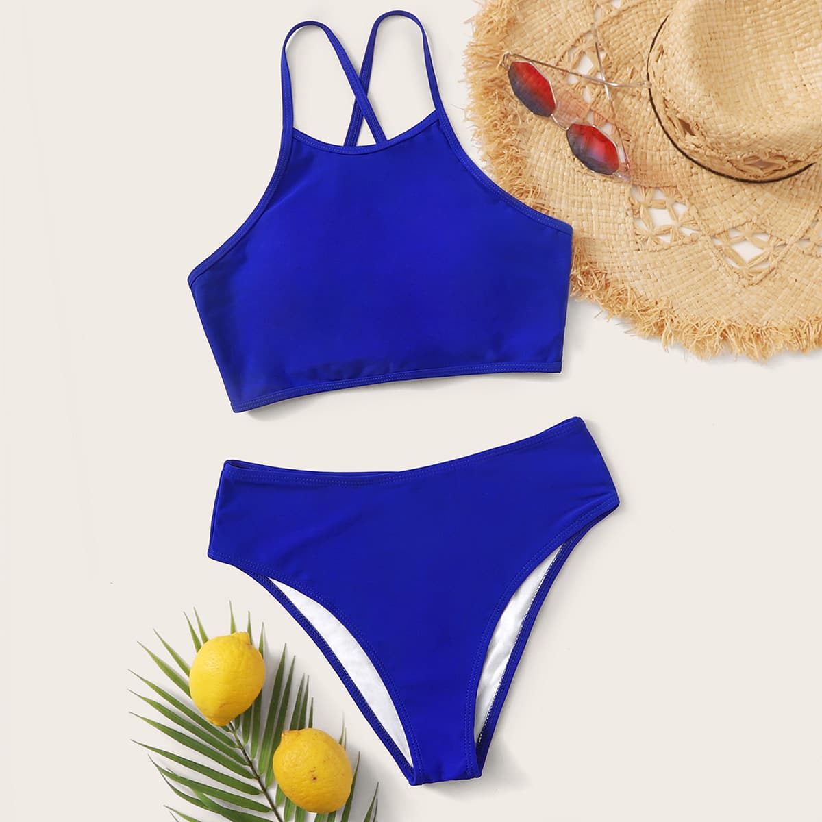 

Tie Back High Waist Bikini Swimsuit, Blue