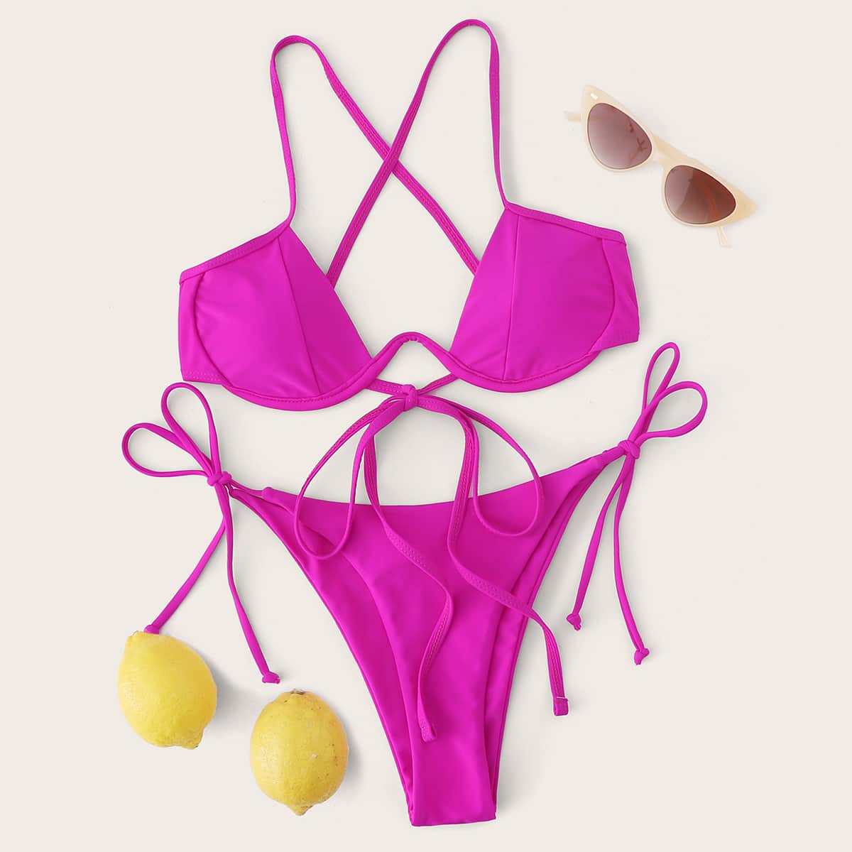 

Underwire Tie Side Bikini Swimsuit, Pink bright