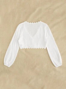 Camisa corta con botón delantero ribete con encaje floral - Blanco - Ver 2