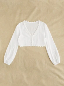 Camisa corta con botón delantero ribete con encaje floral - Blanco - Ver 5