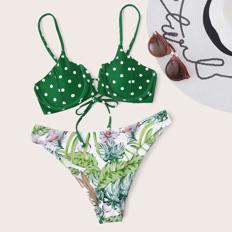 

Polka Dot & Tropical Push Up Bikini Swimsuit, Multicolor