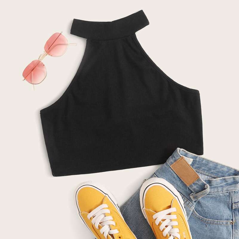

Solid Halter Crop Top, Black
