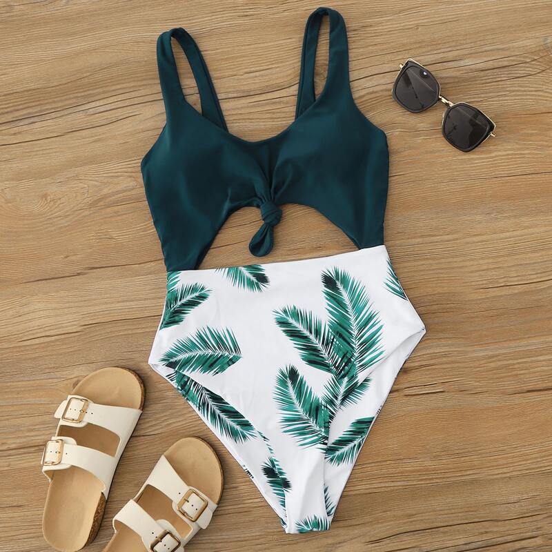 

Tropical Cut-out Knot Front One Piece Swimsuit, Multicolor