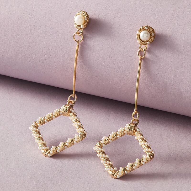 

1pair Faux Pearl Engraved Geometric Earrings, Gold