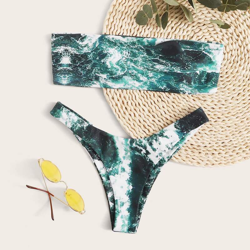 

Tie Dye Bandeau High Cut Bikini Swimsuit, Multicolor