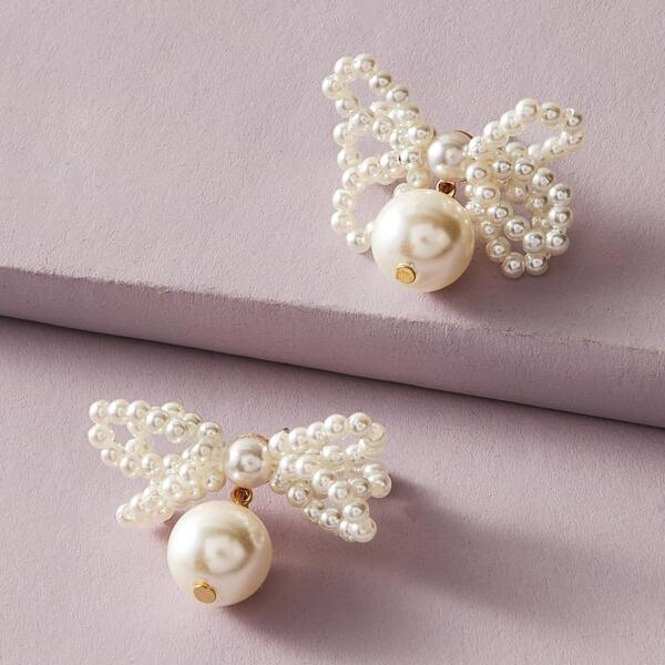 

Серьги-подвески с бантом и искусственными жемчугами 1 пара, Белые