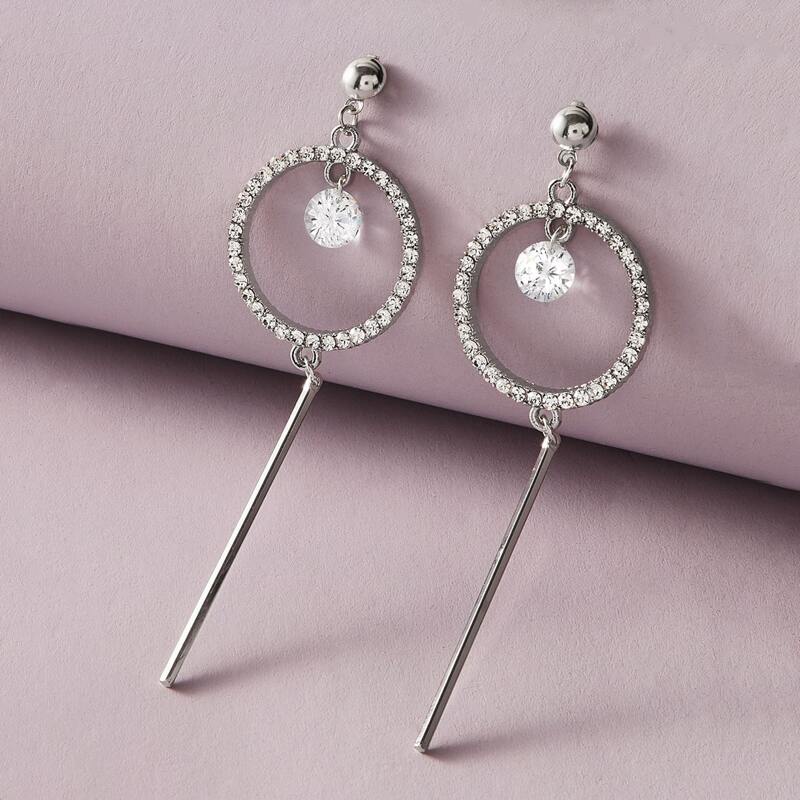 

1pair Rhinestone Engraved Geometric Earrings, Silver