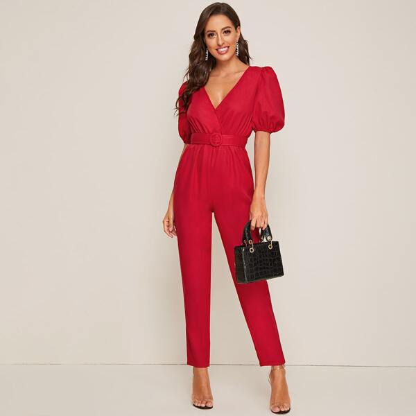 

Surplice Neck Puff Sleeve Belted Jumpsuit, Red bright