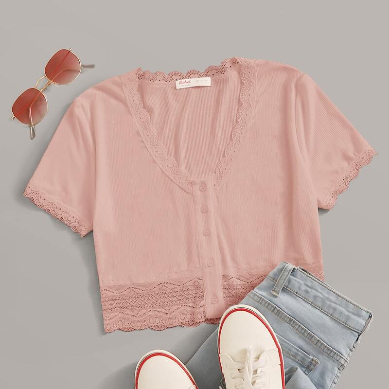 

Lace Trim Button Pink Tee