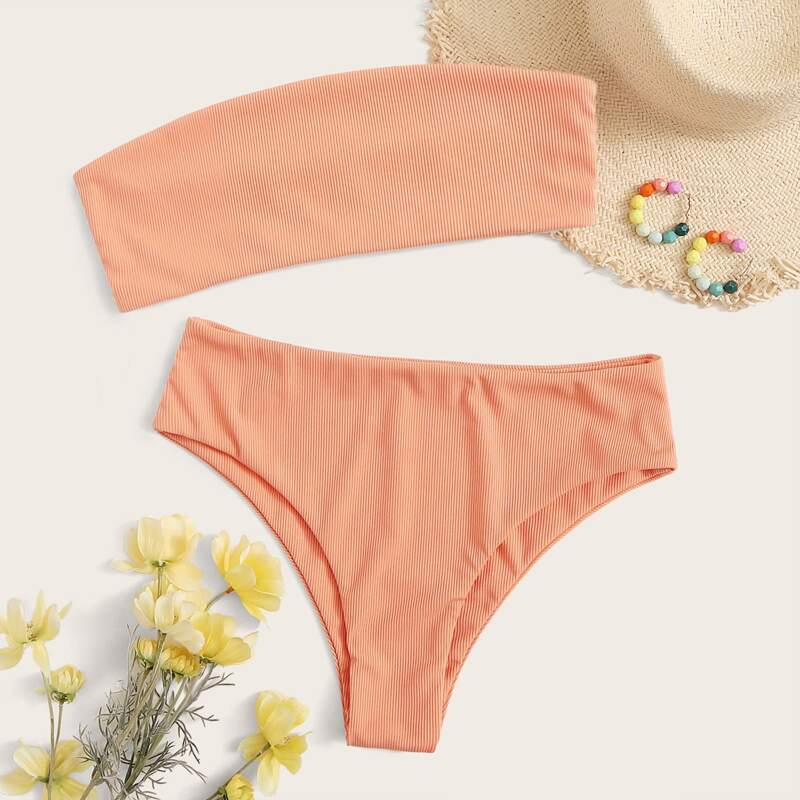 

Ribbed Bandeau Bikini Swimsuit, Orange