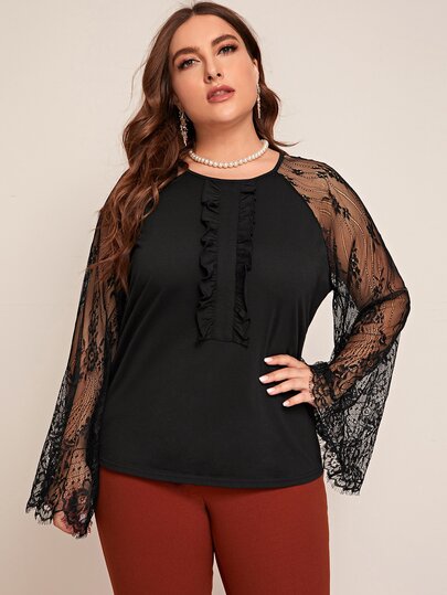 Plus Contrast Lace Frill Trim Blouse