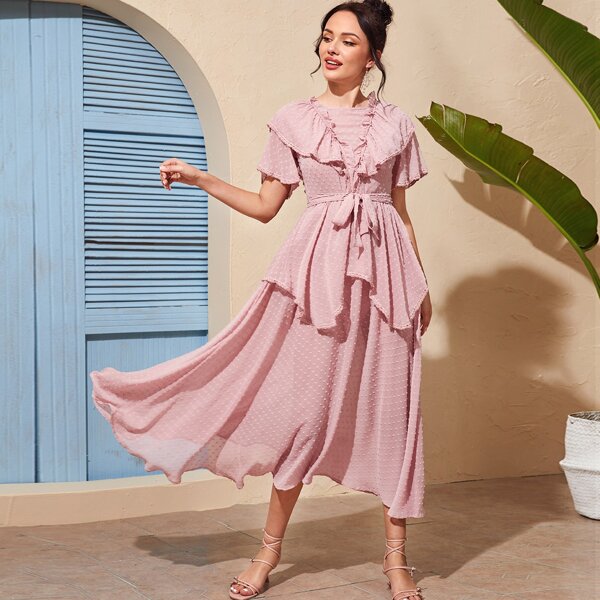 

Swiss Dot Ruffle Trim Belted Cut Out Tie Back Dress, Pink