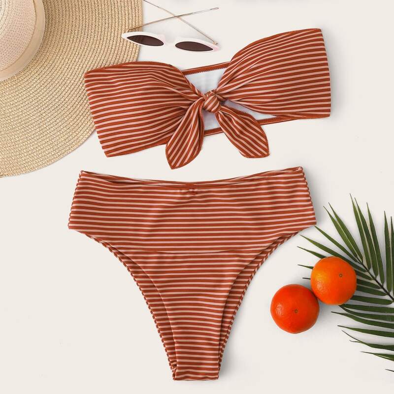

Striped Bandeau High Waisted Bikini Swimsuit, Red