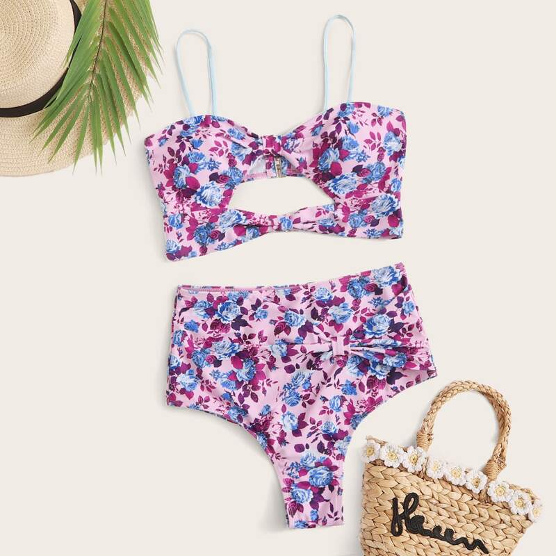

High Waist Floral Cami Bikini Swimsuit, Multicolor