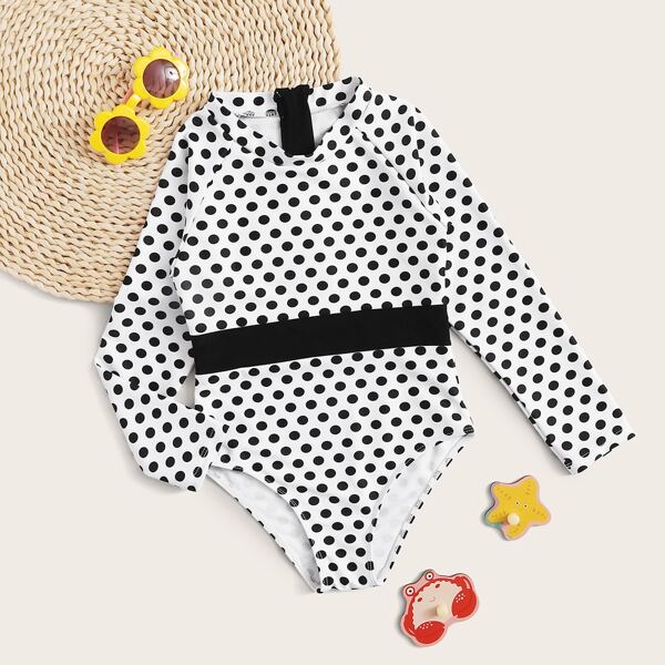 

Girls Polka Dot Long Sleeve One Piece Swimwear, Black and white