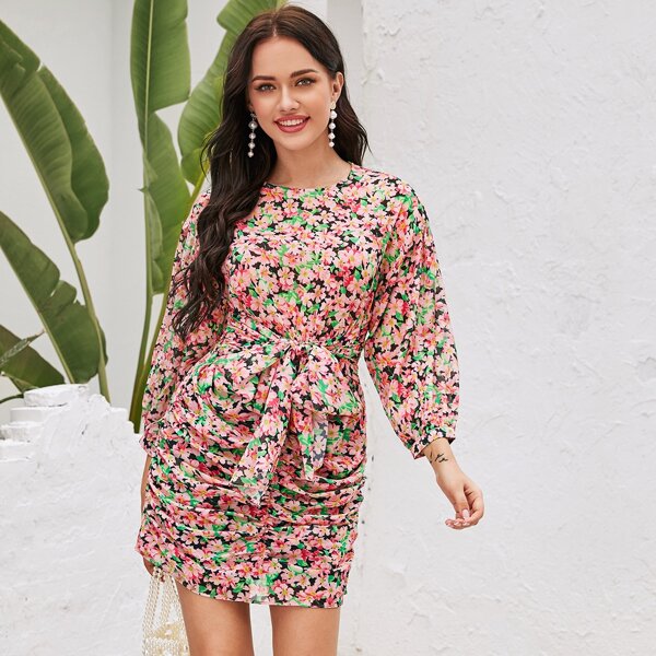 

Tie Front Ruched Floral Fitted Dress, Multicolor