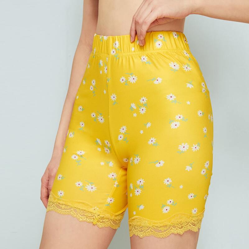 

Floral Lace Trim Cycling Shorts, Yellow