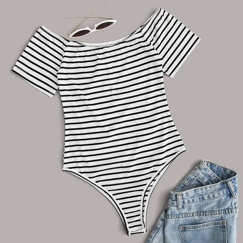 

Button Front Striped Tee Bodysuit, Black and white