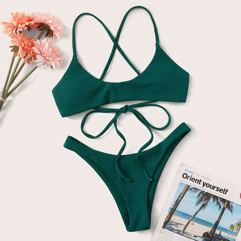 

Criss cross Tie Back High Leg Bikini Swimsuit, Green